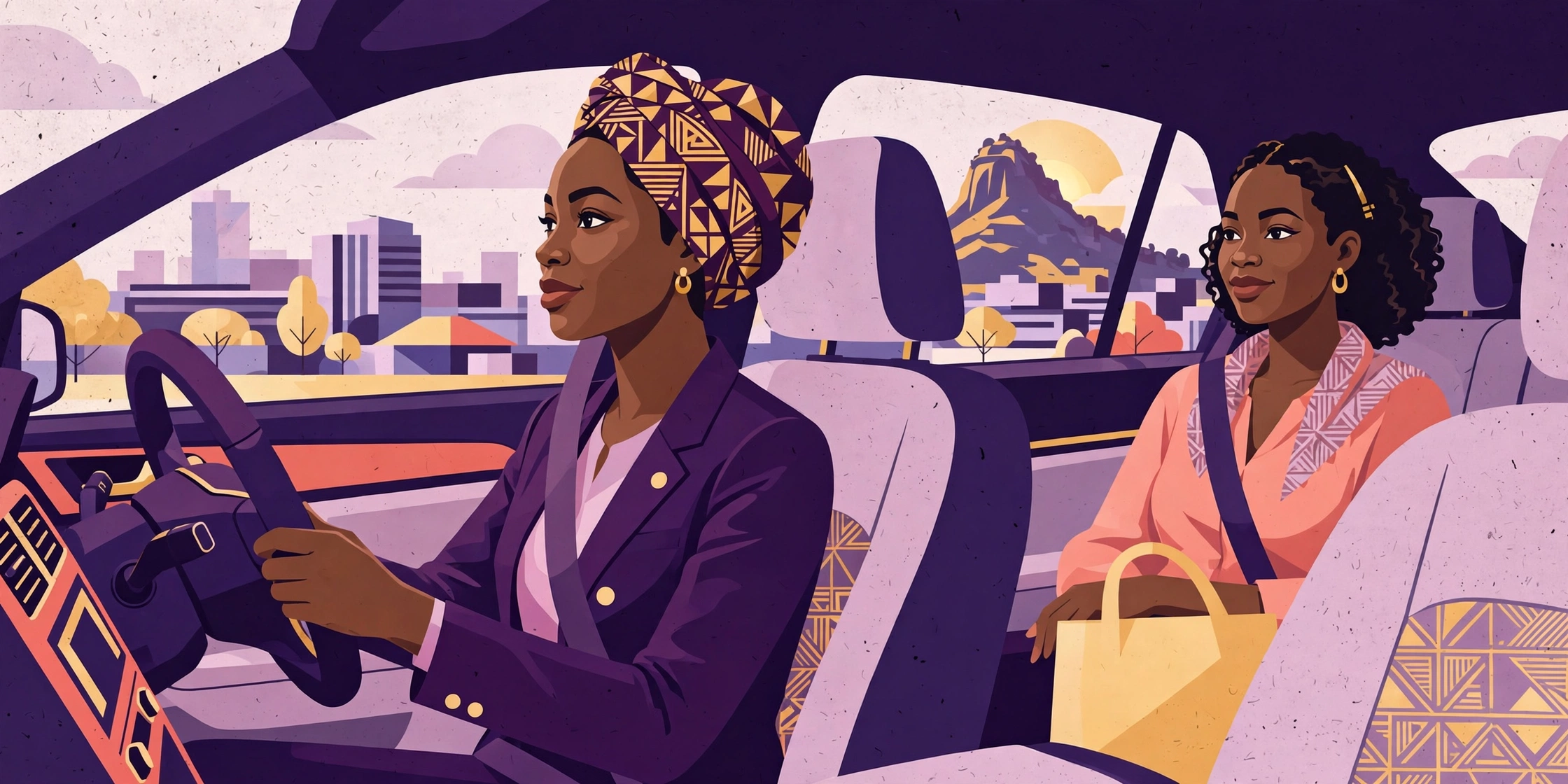 Illustration of a Nigerian woman driver and woman passenger traveling together