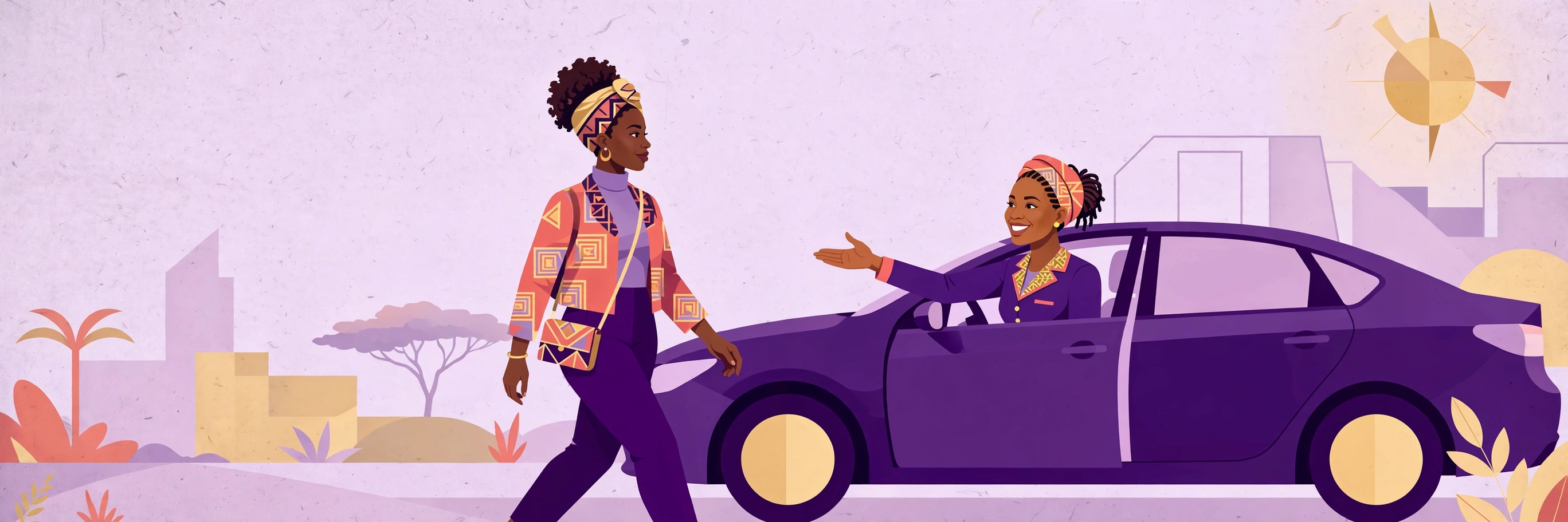 Illustration of a Nigerian woman meeting a woman driver beside a purple car